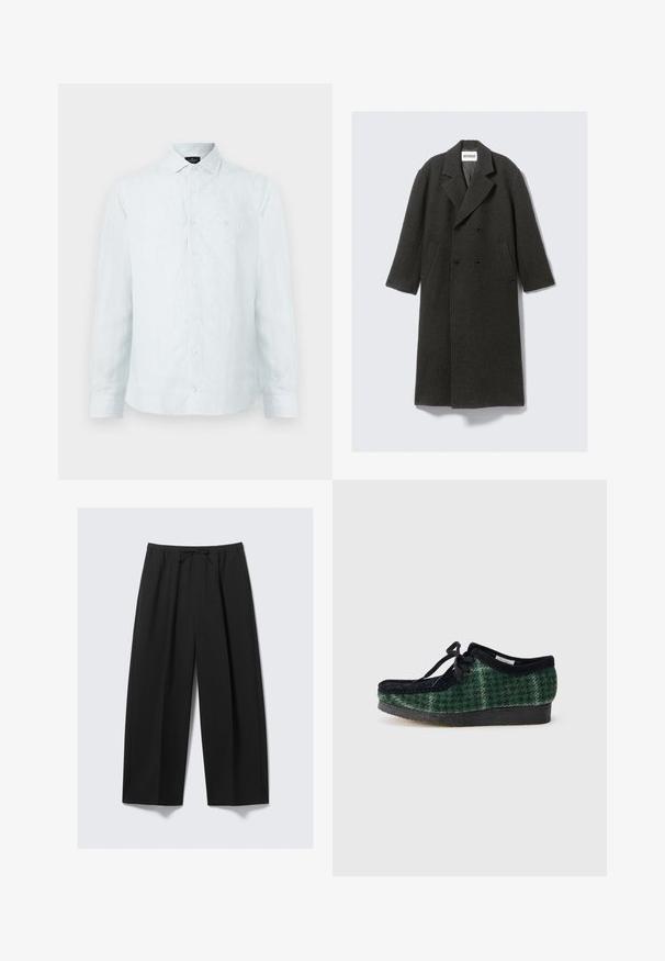 Dunkelgrauer Wollmantel mit doppelter Knopfleiste, Reverskragen und seitlichen Taschen. Verfügt über eine strukturierte Oberfläche und ist knielang.; Herren-Hemd mit Knöpfen in Hellblau mit weißen vertikalen Streifen, klassischem Kragen, langen Ärmeln und dezentem Logo auf der Brust.; Schwarze weit geschnittene Hose aus leichtem Stoff, mit einem elastischen Bund und Kordelzug sowie ohne sichtbare Taschen.; Grüne und schwarze gemusterte Schuhe mit einem Obermaterial aus Wildleder, runder Zehenform, Schnürsenkeln und einer strukturierten Gummisohle.