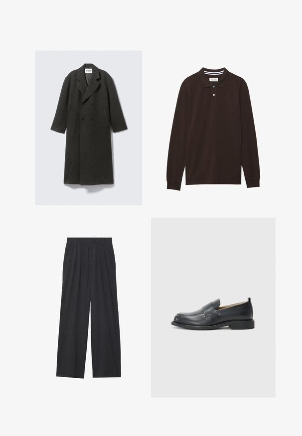 Dunkelgrauer Wollmantel mit doppelter Knopfleiste, Reverskragen und seitlichen Taschen. Verfügt über eine strukturierte Oberfläche und ist knielang.; Langarm-Polohemd aus dunkelbraunem Baumwollstoff, mit Kragen, Knopfleiste mit drei Knöpfen und weißen Streifenakzenten. Glatte Textur.; Weit geschnittene Hosen aus dunkelgrauem Stoff. Merkmale sind Falten an der Taille, ein maßgeschneiderter Schnitt und eine gerade Silhouette.; Schwarzlederne Slipper mit einem glatten Finish, einer flachen Sohle und einer abgerundeten Zehenpartie, die einen dekorativen Riemen über dem Obermaterial aufweisen.
