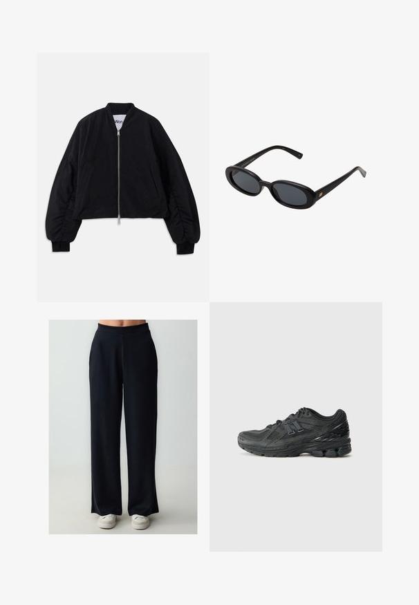 Zwart cropped bomberjack met een ritsluiting, lange pofmouwen en zijzakken. Gemaakt van een gestructureerde stof met geribbelde manchetten.; Witte lange mouwen cropped t-shirt gemaakt van katoen, met een ronde hals en één borstzak. Glad textuur met een minimalistisch design.; Zwarte wijde broek met een gladde textuur en elastische tailleband, met een rechte pasvorm en een lengte die tot op de grond valt.; Zwarte hardloopschoenen met een bovenwerk van mesh, een gevoerde kraag, synthetische accenten en een gestructureerde zool met zichtbare dempingselementen.; Zwarte oversized zonnebril met ovale lenzen, een glad plastic montuur en gouden accenten op de pootjes. Donkere lenzen bieden bescherming tegen de zon.; Still Nordic STILLBASIC SHOPPER - Shopper - black