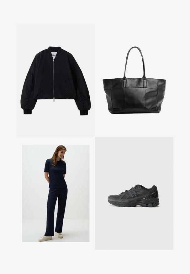 Zwart cropped bomberjack met een ritsluiting, lange pofmouwen en zijzakken. Gemaakt van een gestructureerde stof met geribbelde manchetten.; Witte lange mouwen cropped t-shirt gemaakt van katoen, met een ronde hals en één borstzak. Glad textuur met een minimalistisch design.; Navyblauwe textuur gebreide twee-delige set met een kortogenschoudertop en losse broeken, gecombineerd met beige sneakers.; Zwarte hardloopschoenen met een bovenwerk van mesh, een gevoerde kraag, synthetische accenten en een gestructureerde zool met zichtbare dempingselementen.; Still Nordic STILLBASIC SHOPPER - Shopper - black