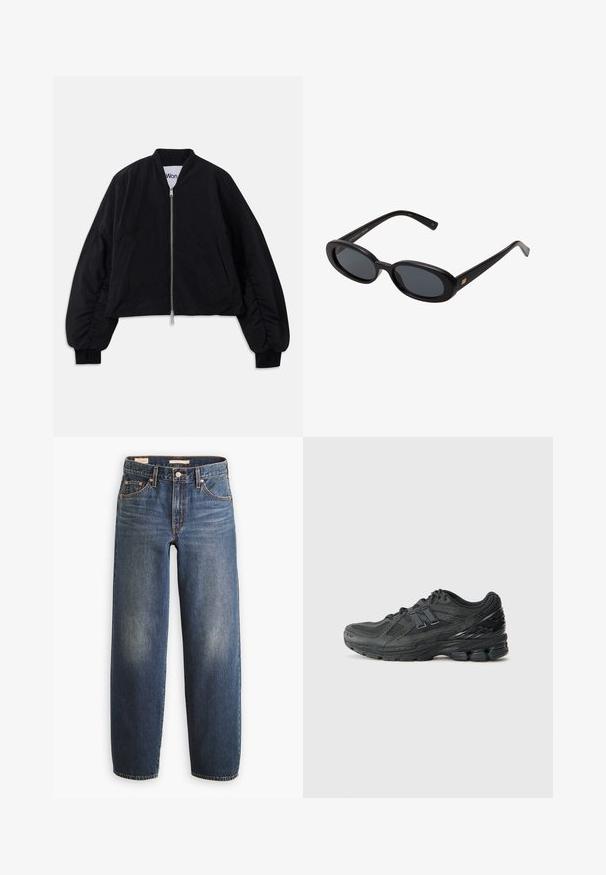Black cropped bomber jacket with a zipper closure, long puffed sleeves, and side pockets. Made from textured fabric with ribbed cuffs.; White long-sleeve cropped t-shirt made from cotton, featuring a round neck and a single chest pocket. Smooth texture with a minimalist design.; Dark blue denim jeans with a straight-leg design, featuring five pockets, copper rivets, and subtle fading on the thighs.; Black running shoes featuring a mesh upper, padded collar, synthetic accents, and a textured sole with visible cushioning elements.; Black oversized sunglasses with oval lenses, smooth plastic frame, and gold accents on temple. Dark lenses provide sun protection.