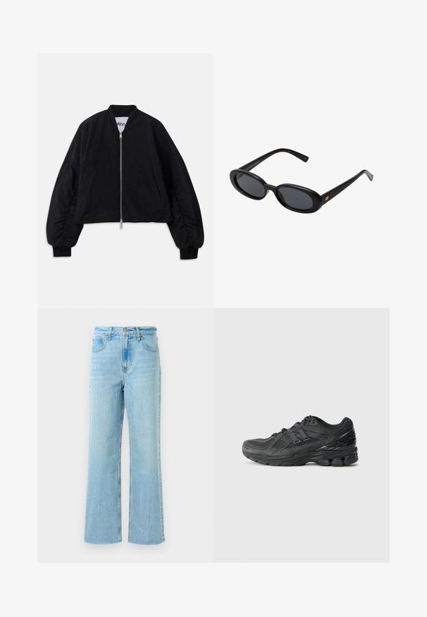 Svart kort bomberjacka med dragkedja, långa puffärmar och sidofickor. Tillverkad av texturerat tyg med ribbade manschetter.; Vit långärmad kort t-shirt i bomull, med rund halsringning och en enda bröstficka. Slät textur med en minimalistisk design.; Ljusblå denimjeans med rak ben design, featuring en hög midja, kontrasterande sömmar och en lätt urtvättad textur.; Svarta löparskor med ett mesh-övre, vadderad krage, syntetiska detaljer och en texturerad sula med synliga dämpningselement.; Svarta överdimensionerade solglasögon med ovala linser, slät plastbåge och guldaccent på bågarna. Mörka linser ger solskydd.; Still Nordic STILLBASIC SHOPPER - Shoppingväska - black