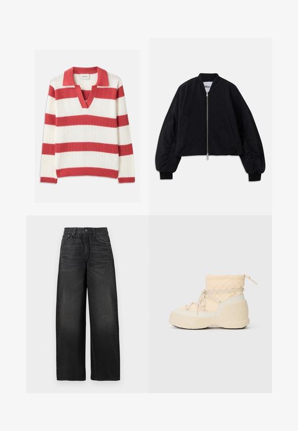 Jachetă bomber scurtă neagră cu închidere prin fermoar, mâneci lungi și puffate și buzunare laterale. Fabricată dintr-un material texturat cu manșete ribbtate.; Pulover tricotat cu dungi roșii și albe, cu decolteu în V și guler. Material texturat, cu dungi orizontale largi și margini ribbate.; Jeans negre cu talie înaltă și picioare largi, cu o ușoară decolorare și o mică zonă uzată în partea dreaptă sus a coapsei.; Cizmă de iarnă impermeabilă, bej, matlasată, cu talpă groasă, șireturi pe laterale și cordon de strângere în partea de sus.