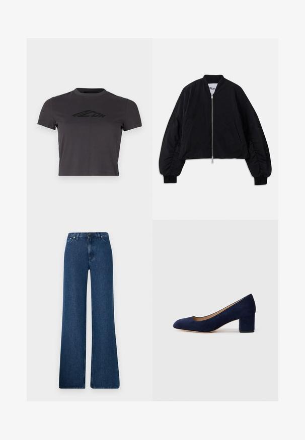 Schwarze cropped Bomberjacke mit Reißverschluss, langen Puffärmeln und seitlichen Taschen. Hergestellt aus strukturiertem Stoff mit gerippten Bündchen.; Dunkelgraues, kurz geschnittenes T-Shirt aus weicher Baumwolle, mit Rundhalsausschnitt und einem schwarzen Logo-Print auf der Vorderseite. Kurze Ärmel und schmale Passform.; Blaue Denim-Bootcut-Jeans mit hoher Taille, fünf Taschen-Design und Metallknopfverschluss. Glatte Textur, lässiger Stil und minimale Nähte.; Marineblaue Wildleder-Pumps mit spitzem Zehenbereich und einem mittelhohen Blockabsatz. Glatte Textur mit einem subtilen Glanz und einem kleinen Ausschnitt an der Vorderseite.