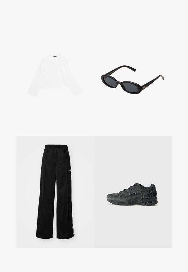 Black cropped bomber jacket with a zipper closure, long puffed sleeves, and side pockets. Made from textured fabric with ribbed cuffs.; White long-sleeve cropped t-shirt made from cotton, featuring a round neck and a single chest pocket. Smooth texture with a minimalist design.; Black wide-leg track pants with an elastic waistband, featuring white side stripes and a small logo on the left hip. Smooth fabric texture.; Black running shoes featuring a mesh upper, padded collar, synthetic accents, and a textured sole with visible cushioning elements.; Black oversized sunglasses with oval lenses, smooth plastic frame, and gold accents on temple. Dark lenses provide sun protection.