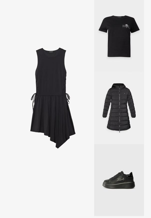 Crni zimski kaput s srednjom dužinom. Ima kapuljaču, horizontalni kvadratni uzorak i prednji zip. Uključuje mali logo na prsima.; Crna haljina bez rukava od mekog materijala; ima nabran, asimetričan rub i bočne vezice za prilagodljivo pristajanje.; Crna majica kratkih rukava od pamuka. Ima bijelu grafiku s natpisom "KARL" i stiliziranom figurom na prsima. Okrugli izrez.; Crne platforme tenisice s glatkim kožnim gornjim dijelom, ravnim vezicama i vezom "Karl" na strani. Zaobljen prst i debela potplat.