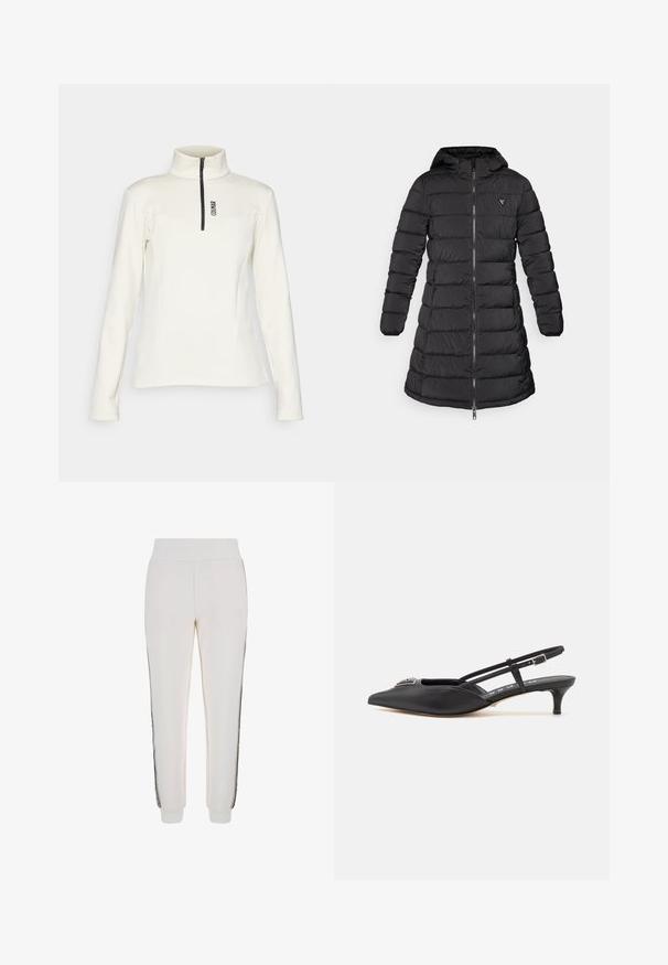 Czarna kurtka puchowa o średniej długości. Posiada kaptur, poziomy wzór pikowania oraz zamek z przodu. Zawiera małe logo na klatce piersiowej.; Colmar - Bluza; Białe dresowe spodnie wykonane z miękkiego materiału, z prążkowanym paskiem w talii i czarnymi paskami po bokach oraz detalem logo z przodu.; Czarne buty typu slingback z ostrym noskiem, wykonane z gładkiego materiału, z małym obcasem i dekoracyjnym srebrnym akcentem na wierzchu.