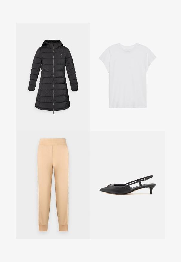 Zwarte pufferjas met een middellange uitvoering. Heeft een capuchon, een horizontaal gestikte patroon en een rits aan de voorkant. Bevat een klein logo op de borst.; Witte t-shirt met korte mouwen, ronde hals, relaxte pasvorm, gemaakt van zacht katoen. Glad textuur, geen patronen of logo's.; Beige sweatpants met een gladde textuur, voorzien van een taps toelopend ontwerp, elastische tailleband en gestreepte zijpanelen.; Zwarte slingback schoenen met een puntige neus, gemaakt van glad materiaal, met een kleine hak en een decoratieve zilverkleurige accent op de wreef.