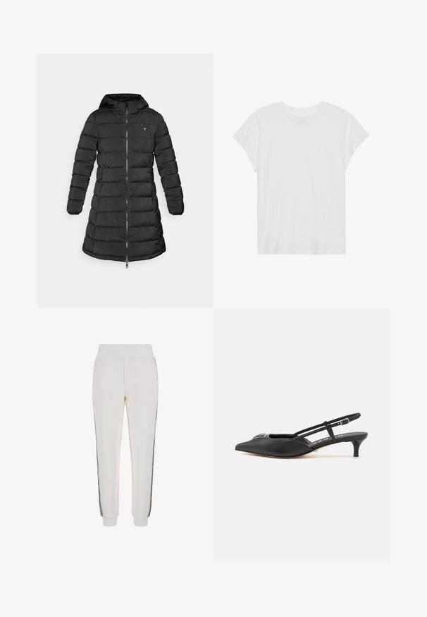 Sort pufferjakke med en mellemlang design. Har hætte, vandret quiltet mønster og en frontlynlås. Inkluderer et lille logo på brystet.; Hvid kortærmet t-shirt med rund hals, afslappet pasform, lavet af blødt bomuldsstof. Glat tekstur, ingen mønstre eller logoer.; Hvide joggingbukser lavet af blødt stof, med en ribbet talje og sorte sidestriber samt logo-detaljer på forsiden.; Sorte slingback-sko med spids tå, lavet af glat materiale, med en lille hæl og en dekorativ sølvaccent på vamps.