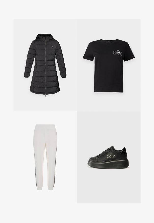 Zwarte pufferjas met een middellange uitvoering. Heeft een capuchon, een horizontaal gestikte patroon en een rits aan de voorkant. Bevat een klein logo op de borst.; Zwarte korte mouwen t-shirt van katoen. Heeft een witte grafische print met de tekst "KARL" en een gestileerde figuur op de borst. Ronde hals.; Witte joggerbroek van zachte stof, met een geribde tailleband en zwarte zijstrepen met een logodetail op de voorkant.; Zwarte platform sneakers met een soepel leren bovenwerk, platte veters en geborduurd "Karl" logo aan de zijkant. Ronde neus en dikke zool.