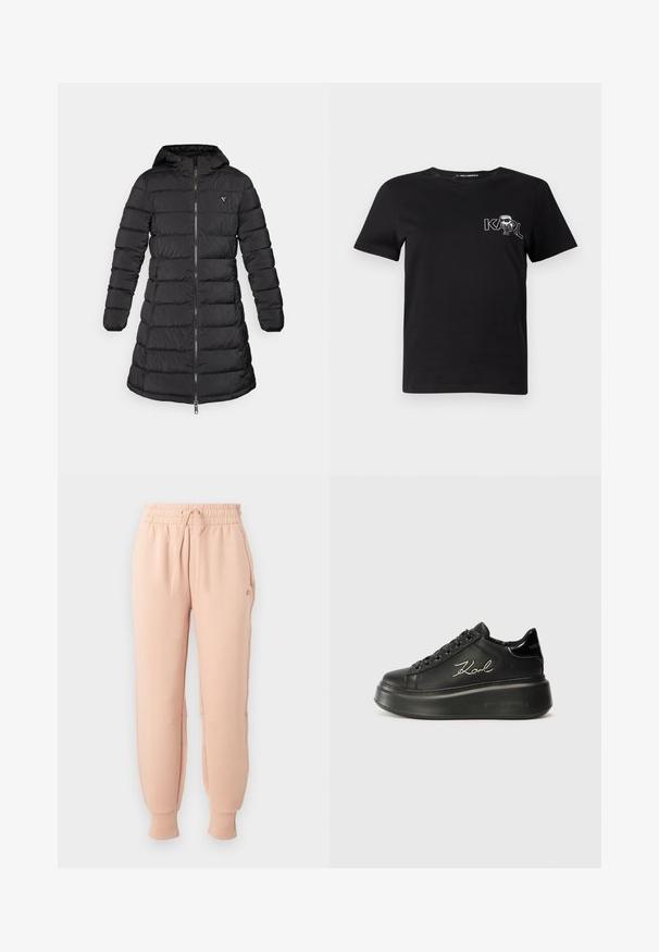 Fekete puffernadrág közepes hosszúságú kialakítással. Kapucnival, vízszintes steppelt mintával és elülső cipzárral rendelkezik. A mellkason egy kis logó található.; Fekete, rövid ujjú póló pamutból. Fehér grafikával rendelkezik, amelyen a "KARL" felirat és egy stilizált figura látható a mellkason. Kerek nyakkivágással.; Világos rózsaszín melegítőnadrág, rugalmas derékrésszel és állítható zsinórral, szűkített szárakkal és oldalsó zsebekkel, puha anyagból készült.; Fekete platform sportcipők, amelyek sima bőr felsőrésszel, lapos fűzőkkel és hímezett "Karl" logóval rendelkeznek az oldalukon. Kerek orrúak és vastag talpúak.