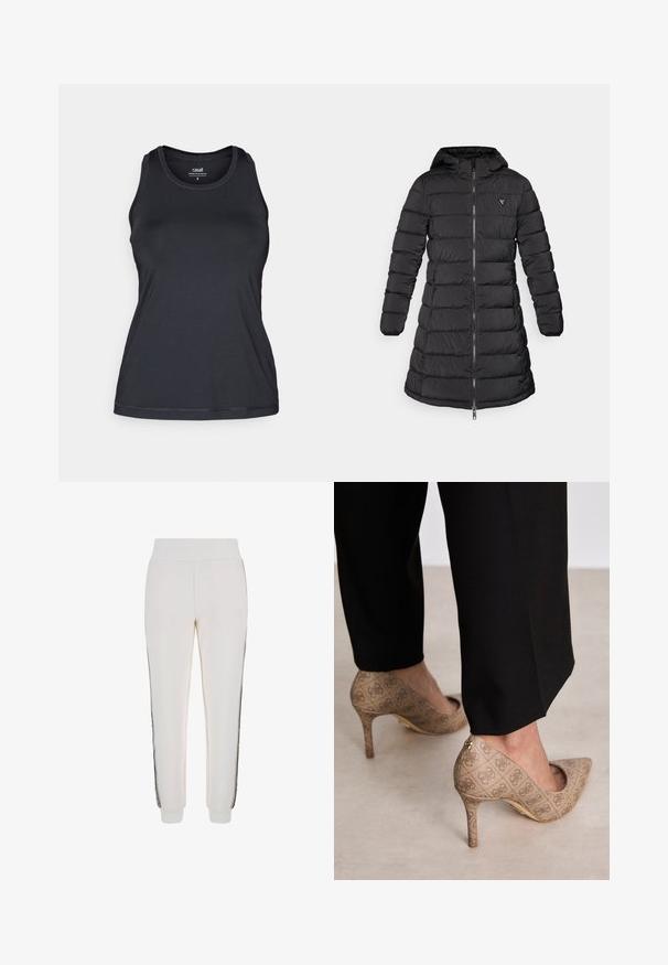 Černý péřový kabát s polointervalovým designem. Obsahuje kapuci, horizontální prošívání a přední zip. Na hrudi má malé logo.; Černý sportovní tílko s přiléhavým střihem, bez rukávů, kulatým výstřihem a jemnou, hladkou texturou. Obsahuje decentní steh.; Bílé tepláky vyrobené z měkké tkaniny, s přiléhavým pasem a černými bočními pruhy s logem na přední části.; Béžové lodičky na vysokém podpatku s texturovanou látkou, která má opakující se vzor. Díky špičaté špičce, zadnímu akcentu a zlatému detailu na podpatku.