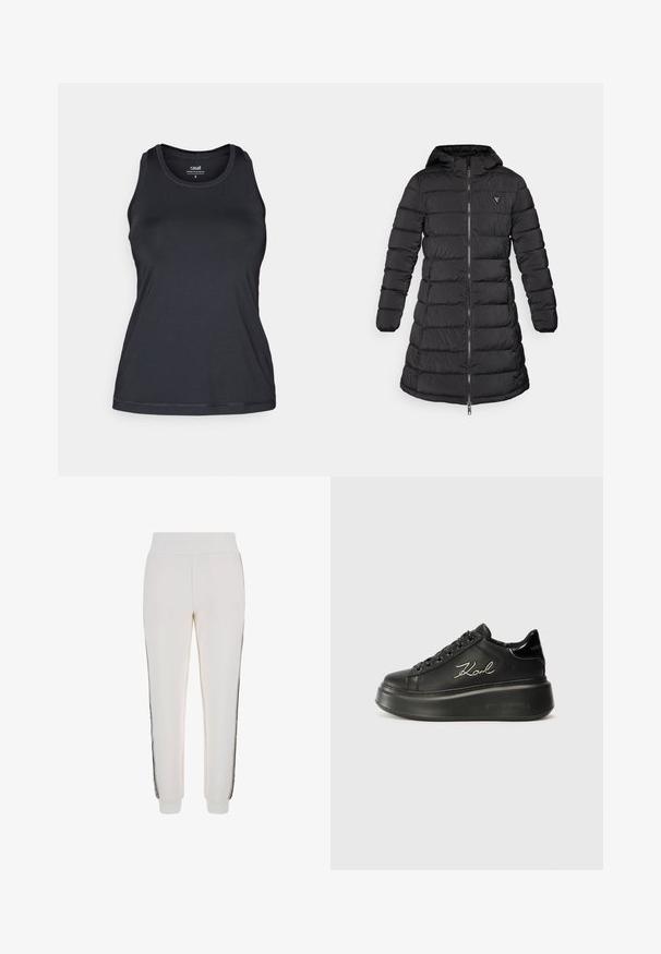 Juodas pūkinis paltas vidutinio ilgio. Įrengtas gobtuvu, horizontaliu siuvinėjimo raštu ir priekiniais užtrauktukais. Ant krūtinės yra nedidelis logotipas.; Juodas sportinis trumpas marškinėlis su prigludusiu dizainu, be rankovių, apvaliu iškirpimu ir švelnia, lygiaprotekstūra. Pabrėžti subtilūs siuvinėjimo detalės.; Baltos kelnės, pagamintos iš minkštos medžiagos, turi gumuotą juosmenį ir juodas šonines juostas su logotipo detale priekyje.; Juodi platforminiai sportbačiai su lygiu odiniu viršumi, plokščiomis raištelėmis ir išsiuvinėtu "Karl" logotipu šone. Apvalūs pirštai ir storas padas.