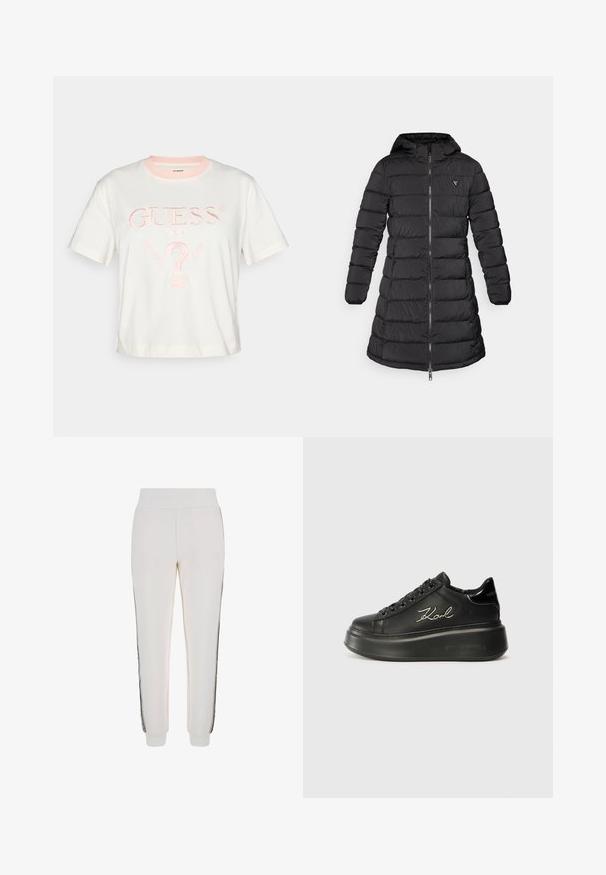 Sort pufferjakke med en mellemlang design. Har hætte, vandret quiltet mønster og en frontlynlås. Inkluderer et lille logo på brystet.; Hvid t-shirt med korte ærmer og en lyserød krave, med broderet "GUESS®" logo og designelementer for "WASHED JEANS" i lys pink.; Hvide joggingbukser lavet af blødt stof, med en ribbet talje og sorte sidestriber samt logo-detaljer på forsiden.; Sorte platform sneakers med en glat læderoverdel, flade snørebånd og broderet "Karl" logo på siden. Rundet tå og tyk sål.