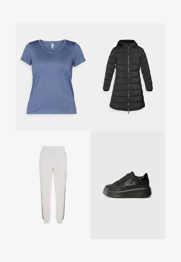 Juodas pūkinis paltas vidutinio ilgio. Įrengtas gobtuvu, horizontaliu siuvinėjimo raštu ir priekiniais užtrauktukais. Ant krūtinės yra nedidelis logotipas.; Mėlynas V formos iškirptės marškinėliai, pagaminti iš lygaus, tekstūruoto audinio, trumpomis rankovėmis ir subtiliu raštu. Savybės: tiesus apvadas ir lengvas dizainas.; Baltos kelnės, pagamintos iš minkštos medžiagos, turi gumuotą juosmenį ir juodas šonines juostas su logotipo detale priekyje.; Juodi platforminiai sportbačiai su lygiu odiniu viršumi, plokščiomis raištelėmis ir išsiuvinėtu "Karl" logotipu šone. Apvalūs pirštai ir storas padas.