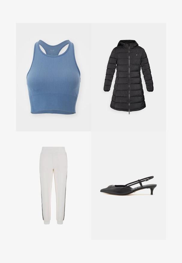 Zwarte pufferjas met een middellange uitvoering. Heeft een capuchon, een horizontaal gestikte patroon en een rits aan de voorkant. Bevat een klein logo op de borst.; Lichtblauwe geribde sportbeha met een aansluitend ontwerp, brede banden en een racerback-silhouet. Zachte textuur en naadloze band aan de onderkant.; Witte joggerbroek van zachte stof, met een geribde tailleband en zwarte zijstrepen met een logodetail op de voorkant.; Zwarte slingback schoenen met een puntige neus, gemaakt van glad materiaal, met een kleine hak en een decoratieve zilverkleurige accent op de wreef.