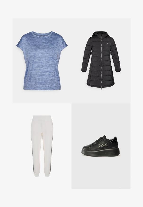 Črna puhovka srednje dolžine. Ima kapuco, vodoravno prešito obliko ter sprednji zadrgo. Vključuje majhno logo na prsih.; ONLY Play ONPAUB-CORE LIFE ON SS LOOSE BAT TEE - Športne majice - vintage indigo; Beli jogger hlače iz mehke tkanine, z rebrastim pasom in črnima stranskima črtama ter logotipom na sprednji strani.; Črne platformske superge z gladkim usnjenim zgornjim delom, ravnimi vezalkami in vezanim logotipom "Karl" na strani. Okrogla špica in debel podplat.