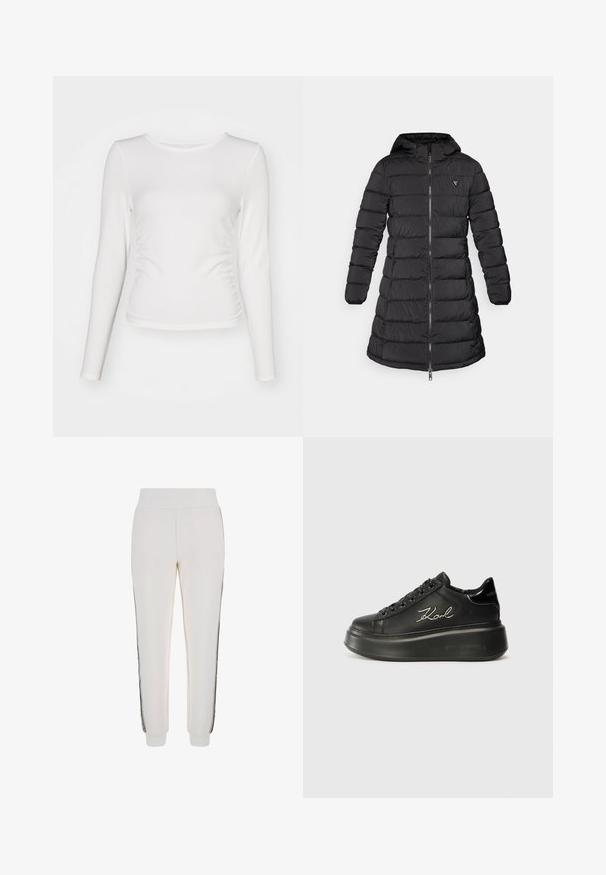 Mustapuffer-takki keskipitkällä muotoilulla. Varustettu hupulla, vaakasuoralla tikkauskuviolla ja edessä vetoketjulla. Mukana pieni logo rinnassa.; Valkoinen pitkähihainen paita ribbitetusta kankaasta, jossa on tiukka malli ja rypytys yksityiskohtia sivuilla sekä pyöreä pääntie.; Valkoiset juoksuhousut, jotka on valmistettu pehmeästä kankaasta. Niissä on ribbireunusvyötärö ja mustat sivusuunnat, joissa on logotieto edessä.; Musta alusta tennarit, joissa on sileä nahka-ystävä, tasaiset nauhat ja kirjailtu "Karl"-logo sivulla. Pyöreä kärki ja paksu pohja.