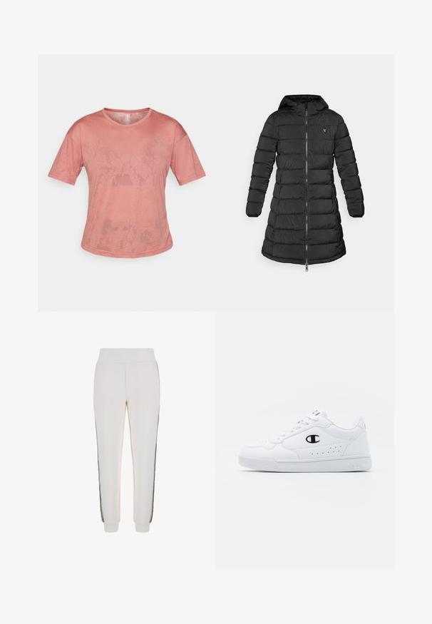 Juodas pūkinis paltas vidutinio ilgio. Įrengtas gobtuvu, horizontaliu siuvinėjimo raštu ir priekiniais užtrauktukais. Ant krūtinės yra nedidelis logotipas.; Rožinė trumpa rankovėmarškinė pagaminta iš minkštos medžiagos. Turi apvalų kaklą ir laisvą siluetą, paviršiuje matomi subtilūs tekstūros raštai.; Baltos kelnės, pagamintos iš minkštos medžiagos, turi gumuotą juosmenį ir juodas šonines juostas su logotipo detale priekyje.; Baltos sportinės kedai su lygiu sintetinės medžiagos viršumi, juodu logotipo akcentu ir perforuotomis detalėmis šonuose. Gumos padas.