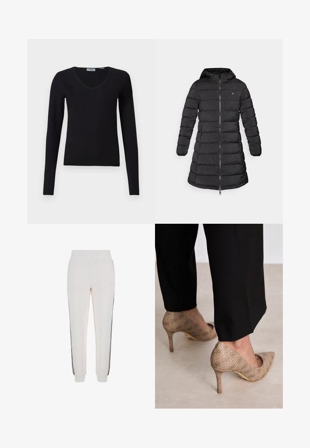 Melnā pūkā ar vidēja garuma dizainu. Tam ir kapuce, horizontāla quiltēšana un priekšējais rāvējslēdzis. Ietver nelielu logo uz krūšu.; Melna garām piedurknēm V-veida kakla džemperis uz baltas fona, ar ribotu tekstūru un vienkāršu, ikdienišķu dizainu.; Baltas sporta bikses, kas izgatavotas no mīksta auduma, ar ribotu jostasvietu un melnām sānu svītrām, ar logotipa detaļu priekšpusē.; Bežīgas augstpapēžu kurpes ar teksturētu audumu, kas rotāts ar atkārtotu rakstu. Norādītā pirksta dizains ar aizmugurējo akcentu un zelta papēža detaļām.