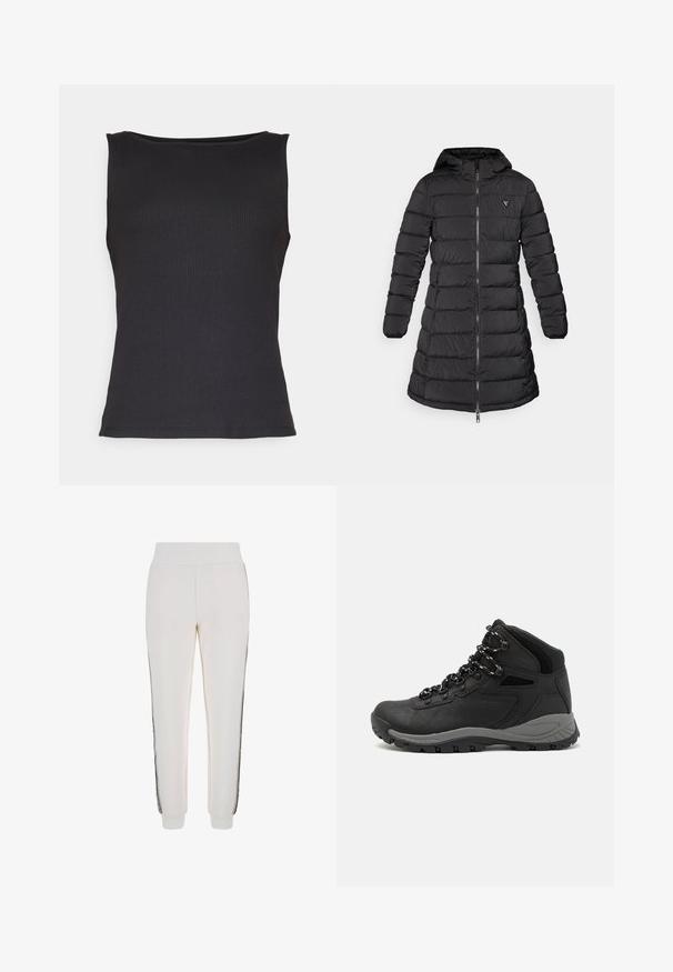 Black puffer coat with a mid-length design. Features a hood, horizontal quilted pattern, and a front zipper. Includes a small logo on the chest.; Black ribbed sleeveless top with a round neckline. Soft texture, fitted design, and clean edges. Versatile for layering or standalone wear.; White jogger pants made of soft fabric, featuring a ribbed waistband and black side stripes with a logo detail on the front.; Black hiking boot with a mid-top design, featuring a textured upper, gray accents, and durable rubber sole with traction lugs.