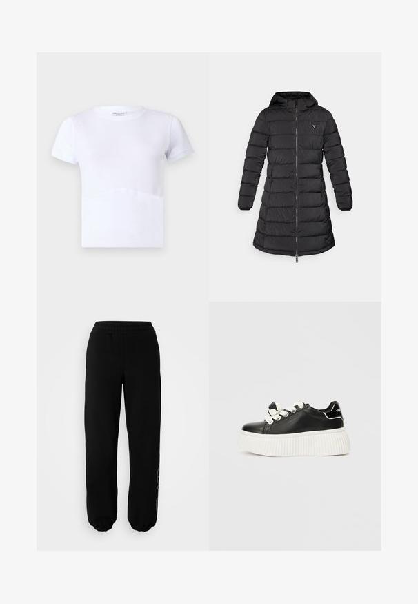 Czarna kurtka puchowa o średniej długości. Posiada kaptur, poziomy wzór pikowania oraz zamek z przodu. Zawiera małe logo na klatce piersiowej.; Biała koszulka z krótkim rękawem wykonana z bawełny, okrągły dekolt, gładka tekstura, z subtelnym krzywym szwem z przodu.; Czarne dresy z elastycznym pasem i mankietami. Wykonane z miękkiego materiału z subtelnym detalem na lewej nodze.; Czarne skórzane sneakersy z grubą, białą, prążkowaną podeszwą, z białymi sznurówkami i dekoracyjną kokardką na języku.