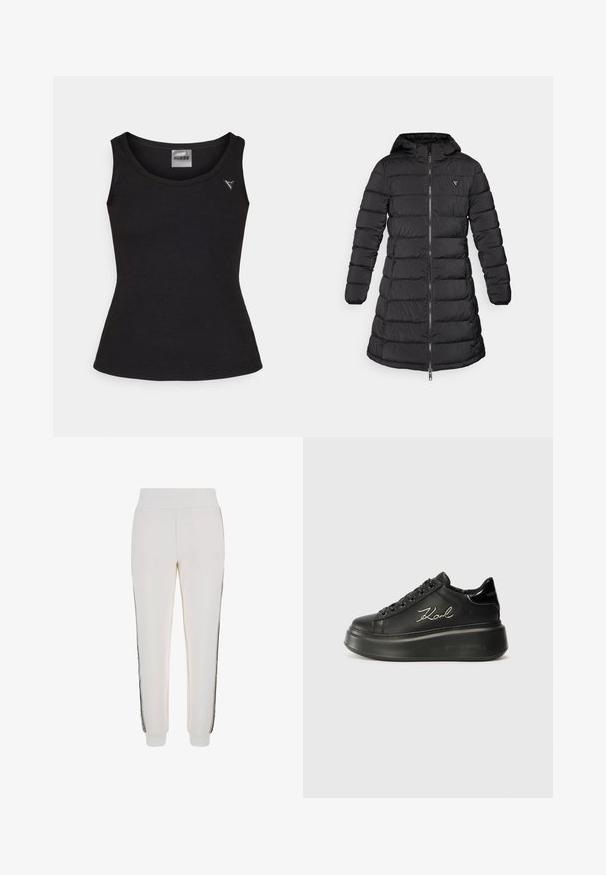 Čierny nafúknutý kabát strednej dĺžky. Obsahuje kapucňu, horizontálny prešívaný vzor a predný zips. Na hrudi má malé logo.; Čierny rebrovaný tielko s okrúhlym výstrihom, ktorý má malú striebornú logo aplikáciu na ľavej strane hrude. Hladká textura, priliehavý strih.; Biele jogger nohavice vyrobené z mäkkej látky, s rebrovaným pásom a čiernymi bočnými pruhmi s detailom loga vpredu.; Čierne platformové tenisky s hladkým koženým zvrškom, rovnými šnúrkami a vyšívaným logom "Karl" na boku. Zaoblená špička a hrubá podrážka.