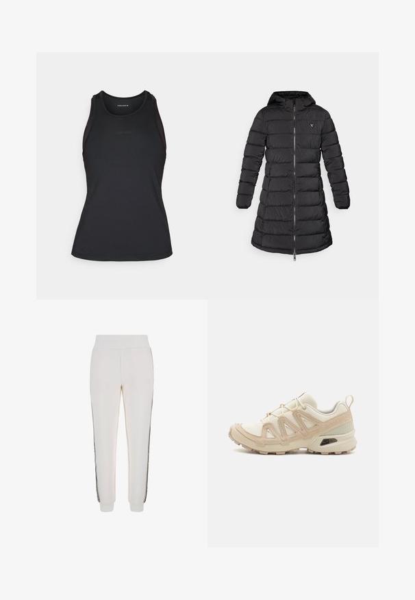 Μαύρο μπουφάν μεσαίου μήκους. Διαθέτει κουκούλα, οριζόντια ραφή και μπροστινό φερμουάρ. Περιλαμβάνει μικρό λογότυπο στο στήθος.; Μαύρο αθλητικό τοπ με εφαρμοστή σχεδίαση, στρογγυλή λαιμόκοψη και ενισχυμένες ραφές στους ώμους. Διακριτό λογότυπο στο μπροστινό μέρος. Λείο υφασμά.; Λευκά παντελόνια φόρμας φτιαγμένα από μαλακό ύφασμα, με ριγέ ζώνη μέσης και μαύρες λωρίδες στα πλάγια, καθώς και λεπτομέρεια λογότυπου μπροστά.; Μπεζ και κρεμ αθλητικό παπούτσι με υφασμάτινη άνω επιφάνεια με υφή, υποστηρικτικά overlay και καουτσούκ σόλα με σχέδιο πέλματος για πρόσφυση.