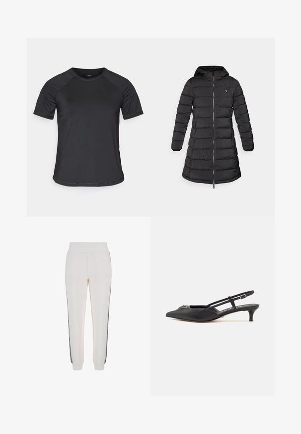 Fekete puffernadrág közepes hosszúságú kialakítással. Kapucnival, vízszintes steppelt mintával és elülső cipzárral rendelkezik. A mellkason egy kis logó található.; Fekete, rövid ujjú sportpóló, raglán ujjakkal, sima textúrával és lekerekített nyakkivágással. Varsú varratokkal és laza fazonnal rendelkezik.; Fehér, puha anyagból készült sportos nadrág, bordázott derékrésszel és fekete oldalsávokkal, az elején logós részlettel.; Fekete, sarokba húzós cipők, hegyes orral, sima anyagból készült, kis sarokkal és díszes ezüst részlettel a lábfej részen.