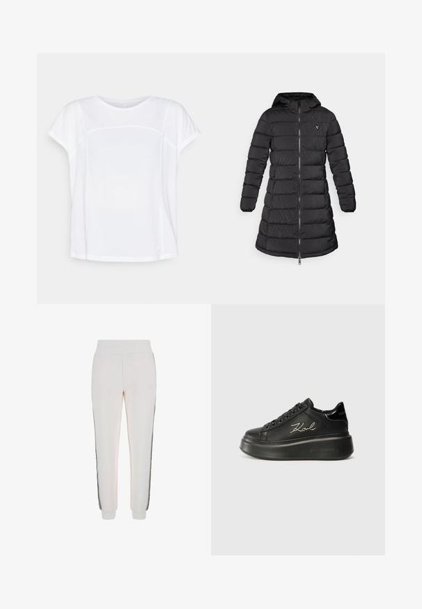 Fekete puffernadrág közepes hosszúságú kialakítással. Kapucnival, vízszintes steppelt mintával és elülső cipzárral rendelkezik. A mellkason egy kis logó található.; ONLY Play ONPAUB-FIA ON BAT LOOSE TEE - Basic póló - white; Fehér, puha anyagból készült sportos nadrág, bordázott derékrésszel és fekete oldalsávokkal, az elején logós részlettel.; Fekete platform sportcipők, amelyek sima bőr felsőrésszel, lapos fűzőkkel és hímezett "Karl" logóval rendelkeznek az oldalukon. Kerek orrúak és vastag talpúak.