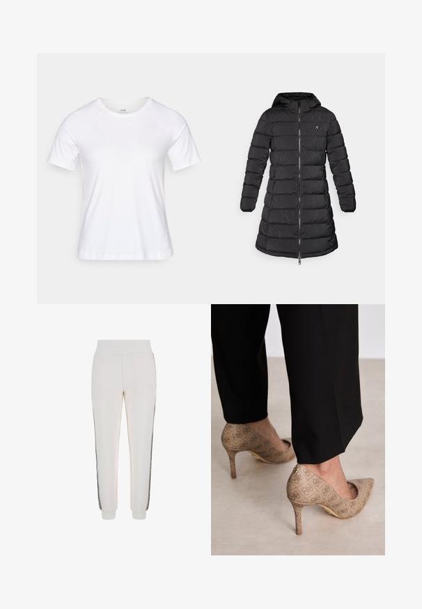 Black puffer coat with a mid-length design. Features a hood, horizontal quilted pattern, and a front zipper. Includes a small logo on the chest.; White short-sleeve t-shirt made of soft cotton blend fabric, featuring a round neckline and raglan sleeves, smooth texture without patterns.; White jogger pants made of soft fabric, featuring a ribbed waistband and black side stripes with a logo detail on the front.; Beige high-heeled shoes with a textured fabric featuring a repeating pattern. Pointed toe design with a back accent and gold heel detail.