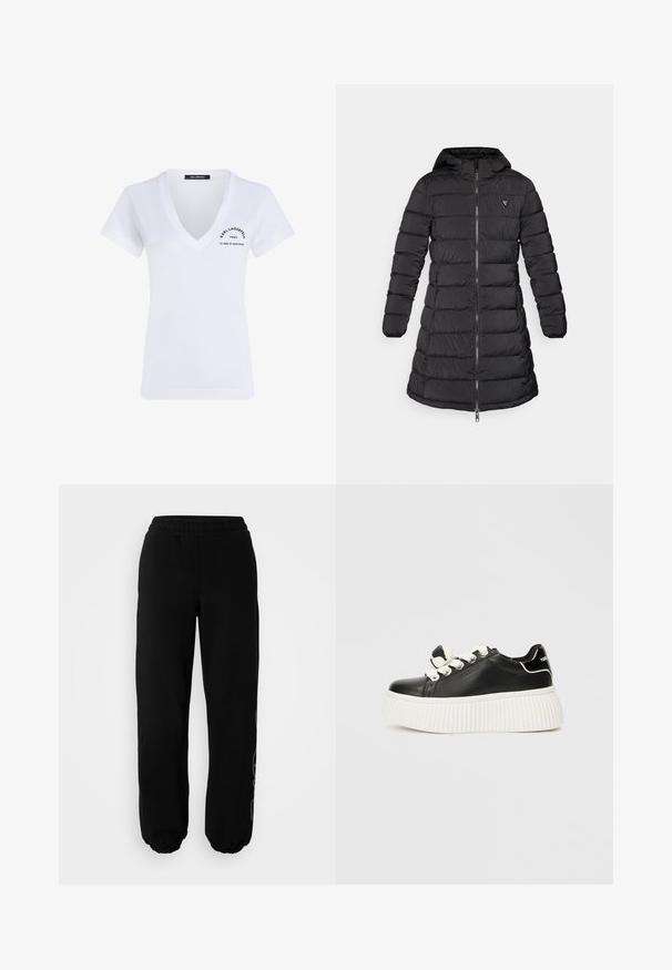 Crni zimski kaput s srednjom dužinom. Ima kapuljaču, horizontalni kvadratni uzorak i prednji zip. Uključuje mali logo na prsima.; Bijela pamučna majica s V-izrezom, kratkim rukavima i crnim otisnutim logom na lijevoj strani prsnog koša i donjem dijelu leđa.; Crne trenirke s elastičnom trakom u struku i na manžetama. Napravљene su od mekog materijala s suptilnim detaljem dizajna na lijevoj nozi.; Crne kožne tenisice s debelim bijelim rebrastim potplatom, s bijelim vezicama i dekorativnom mašnom na jeziku.
