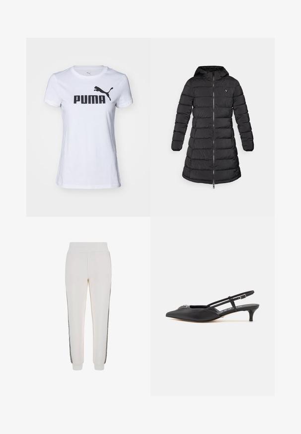 Mustapuffer-takki keskipitkällä muotoilulla. Varustettu hupulla, vaakasuoralla tikkauskuviolla ja edessä vetoketjulla. Mukana pieni logo rinnassa.; Valkoinen puuvillapaita, jossa on pyöreä kaula-aukko. Paidassa on suuri musta "PUMA"-logo ja musta puman siluetti vasemmalla olkapäällä.; Valkoiset juoksuhousut, jotka on valmistettu pehmeästä kankaasta. Niissä on ribbireunusvyötärö ja mustat sivusuunnat, joissa on logotieto edessä.; Mustat slingback-kengät, joissa on terävä kärki, valmistettu sileästä materiaalista, pieni korko ja koristeellinen hopeinen yksityiskohta kengän päällä.