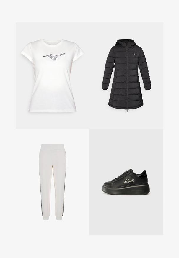 Melnā pūkā ar vidēja garuma dizainu. Tam ir kapuce, horizontāla quiltēšana un priekšējais rāvējslēdzis. Ietver nelielu logo uz krūšu.; Balts kokvilnas T-krekls ar īsām piedurknēm, ar melnu zīmējuma dizainu uz krūtīm. Klasisks apaļais kakla izgriezums, mīksts audums.; Baltas sporta bikses, kas izgatavotas no mīksta auduma, ar ribotu jostasvietu un melnām sānu svītrām, ar logotipa detaļu priekšpusē.; Melni platformas sporta apavi, kas izgatavoti no gludas ādas, ar plakaniem šņorēm un izšūtu "Karl" logo sānos. Apaļa purngala un bieza zole.