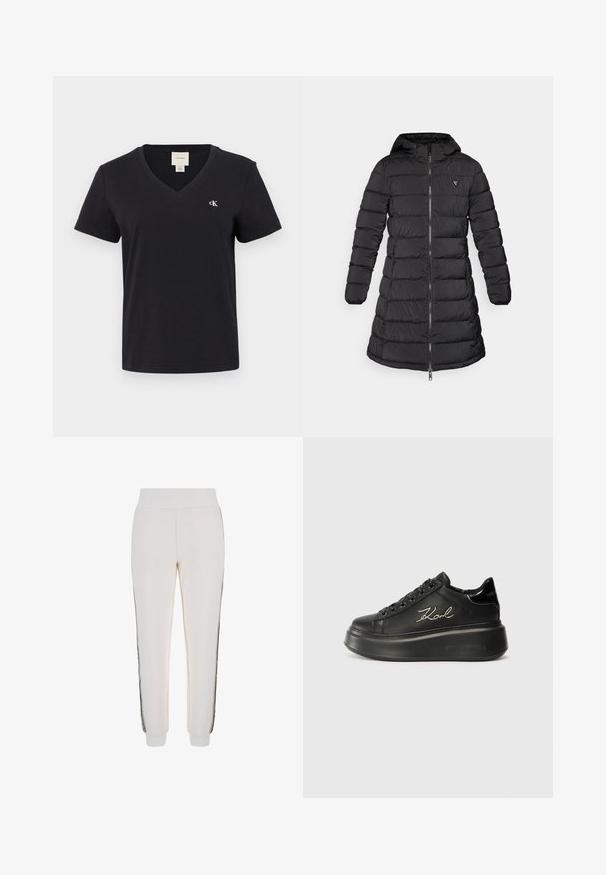 Must must jacket, millepikkuse disainiga. Omab kapuutsi, horisontaalset tikkimismustrit ja ees asuvat tõmblukk. Sisse on õmmeldud väike logo rinnal.; Mustmust V-kaelusega T-särk lühikeste varrukatega, millel on vasakul rinnal väike valge "ck" logo. Lihtne, klassikaline disain.; Valged jogger-püksid, mis on valmistatud pehmest kangast, ribiga vöökoha ja mustade külgtriipudega ning esiküljel logodetailiga.; Mustad mustad sneakerid, millel on sile nahkpind, tasased paelad ja brodheeritud "Karl" logo külje peal. Ümmargune varvas ja paks tald.
