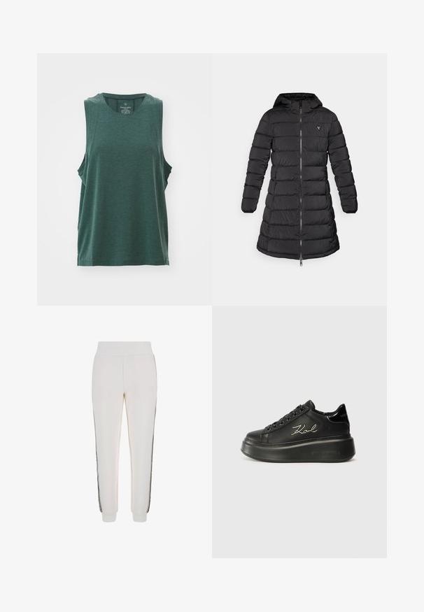 Črna puhovka srednje dolžine. Ima kapuco, vodoravno prešito obliko ter sprednji zadrgo. Vključuje majhno logo na prsih.; Sweaty Betty SOFT FLOW STUDIO TANK - Top - trek green; Beli jogger hlače iz mehke tkanine, z rebrastim pasom in črnima stranskima črtama ter logotipom na sprednji strani.; Črne platformske superge z gladkim usnjenim zgornjim delom, ravnimi vezalkami in vezanim logotipom "Karl" na strani. Okrogla špica in debel podplat.