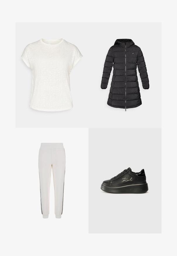 Černý péřový kabát s polointervalovým designem. Obsahuje kapuci, horizontální prošívání a přední zip. Na hrudi má malé logo.; Bílý krátký rukáv tričko s texturovaným květinovým vzorem, kulatým výstřihem a volným střihem. Vyrobeno z měkké, lehké látky.; Bílé tepláky vyrobené z měkké tkaniny, s přiléhavým pasem a černými bočními pruhy s logem na přední části.; Černé platformové tenisky s hladkým koženým svrškem, plochými tkaničkami a vyšitou logem "Karl" na boku. Kulatá špička a silná podrážka.