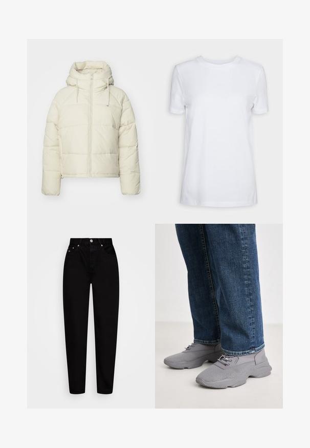 Nafuhasti, kremaste barvna jakna s kapuco. Ima sprednji zadrgo, vrvico in prešito vzorec. Mehka, gladka tekstura.; Bela kratka majica s kratkimi rokavi, izdelana iz bombaža. Oblika s krožnim izrezom, gladka tekstura brez vidnih vzorcev ali poudarkov. Osnovni stil.; Črne hlače z visokim pasom in ravnimi nogavicami, s sprednjim gumbom, petimi žepi in pass loopi, prikazane na beli podlagi.; Steve Madden MATCHE - Športni copati - paloma grey