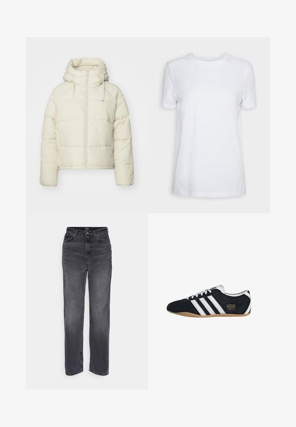 Pufi, tejfehér színű dzseki kapucnival. Elöl cipzárral, állítható húzózsinórral és steppelt mintával rendelkezik. Puha, sima tapintású.; Fehér, rövid ujjú, pamut póló. Kerek nyakkivágású, sima textúrával, látható minták vagy kiegészítők nélkül. Alap stílus.; Magas derekú, egyenes szárú farmernadrág sötétszürke denim anyagból. Gombos záródással és klasszikus öt zsebes kialakítással rendelkezik, finom kopással.; Fekete velúr sportcipő fehér három csíkkal, arany logóval és barna gumitalppal. Alacsony profilú, fűzős dizájnnal rendelkezik.