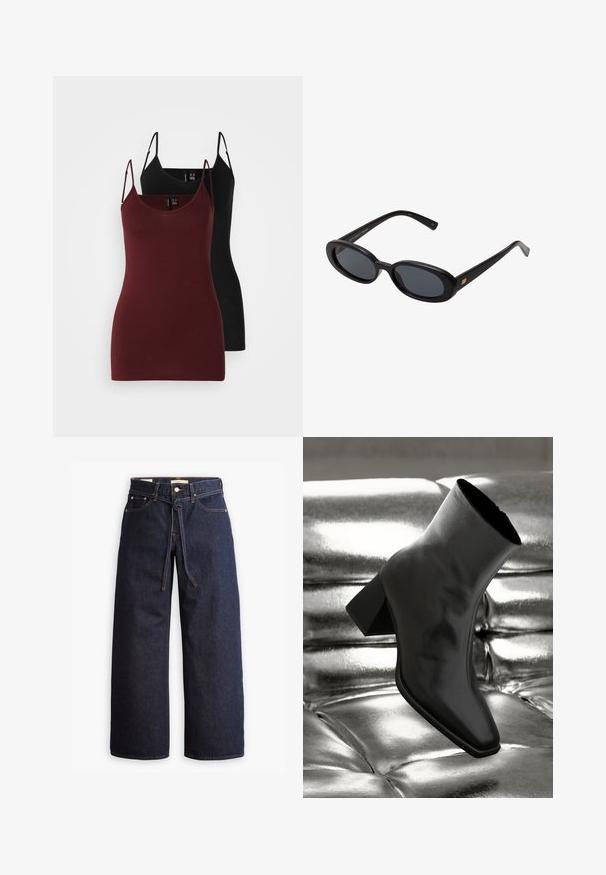 Divpusējā mētelī tumšā herringbone audumā, ar izgrieztu apkakli, divām priekšējām kabatām un garām piedurknēm.; Divu tērpu komplekts: viens tumši burgundijas krāsā un otrs melnā krāsā. Izgatavoti no mīksta, elastīga auduma, ar plānām špageti siksnām un V veida kakla izgriezumu.; Plati zili džinsi ar augstu jostasvietu, ar šnaukaša saišu, piecām kabatām un kontrastējošiem šuvju akcentiem.; Melnas potītes kurpes, izgatavotas no spīdīga materiāla, ar kvadrātveida purngalu un konusveida papēdi, novietotas uz spīdīga sudraba izšūta fona.; Melnu pārspīlēto saulesbrilles ar ovālām lēcām, gludu plastmasas rāmja un zelta akcentiem uz tempļiem. Tumšie lēcas nodrošina saules aizsardzību.