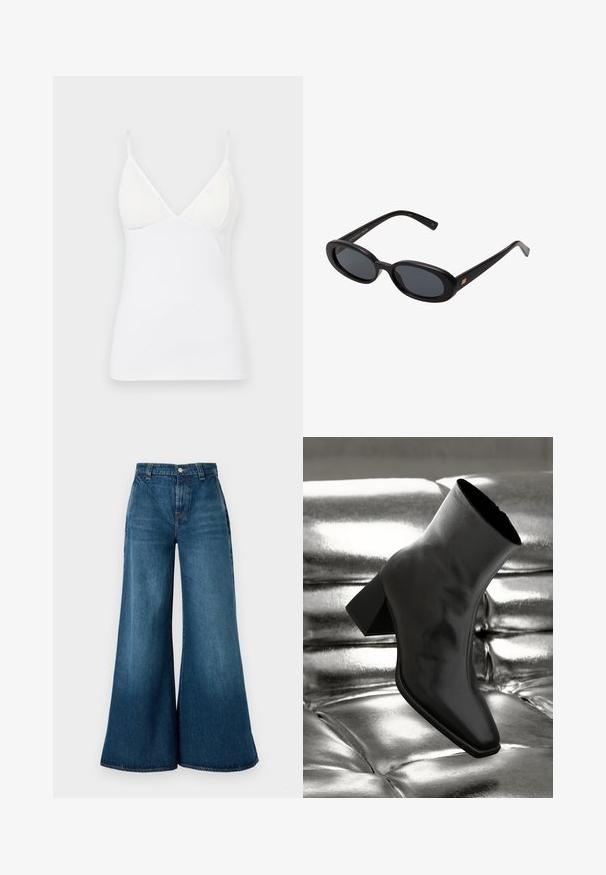 Double-breasted coat in dark herringbone tweed, featuring a notched collar, two front pockets, and long sleeves.; White sleeveless camisole with thin straps, featuring a V-neck design and smooth, lightweight fabric with a fitted silhouette.; Wide-leg denim jeans in dark blue wash, featuring a high waist, front button closure, and classic five-pocket design. Smooth texture.; Black ankle boot made of glossy material with a square toe and tapered heel, set against a shiny silver tufted background.; Black oversized sunglasses with oval lenses, smooth plastic frame, and gold accents on temple. Dark lenses provide sun protection.