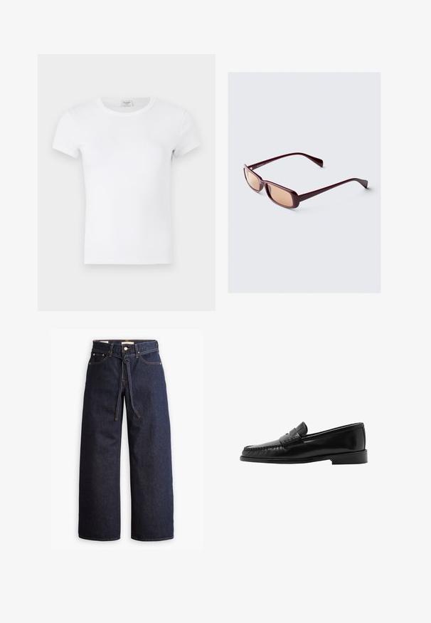 Dvojřadový kabát z tmavého herringbone tvídu, s klopovým límcem, dvěma předními kapsami a dlouhými rukávy.; Bílý bavlněný tričko s krátkým rukávem, které má kulatý výstřih a hladkou, jemnou texturu bez vzorů nebo akcentů.; Široké tmavě modré džíny se zvýšeným pasem, opatřené stahovací šňůrou, pěti kapsami a kontrastním prošíváním.; Černé kožené mokasíny s prohnutým siluetam, dekoračním páskem, texturovaným prošíváním a plochou gumovou podrážkou. Hladký povrch a elegantní design.; Bordové sluneční brýle s obdélníkovými rámy, gradientovými skly a elegantními nohami. Materiál má hladký, lesklý povrch.; Černá tkaná taška přes rameno s dvěma pevným uchy, má lesklou texturu a prostorný otevřený vrch.