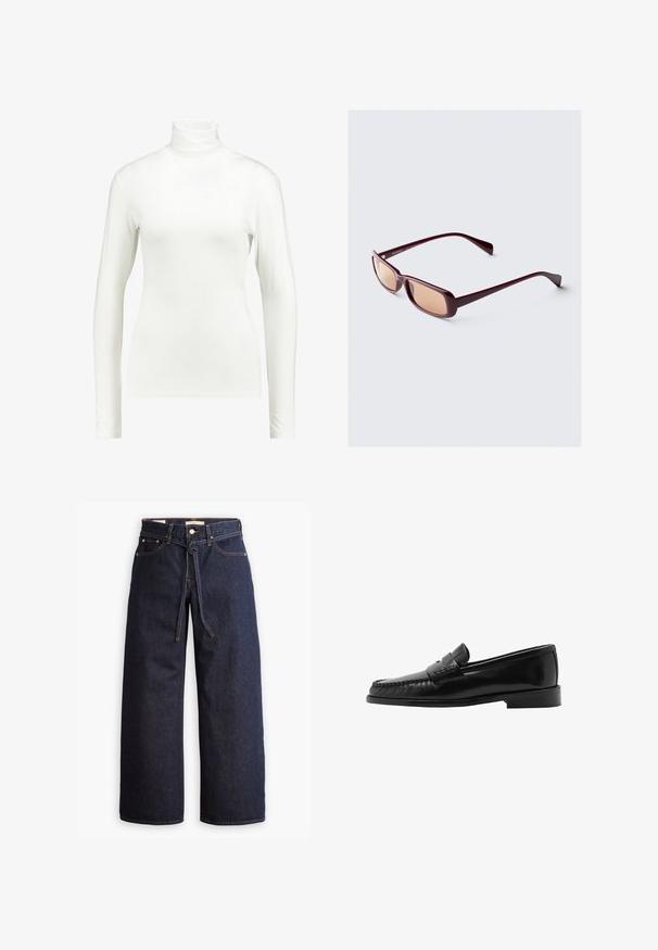 Cappotto doppiopetto in tweed a spina di pesce scura, con colletto a rever, due tasche frontali e maniche lunghe.; Kaffe YOKO ROLLNECK LS - Maglietta a manica lunga - chalk; Jeans in denim scuro a gamba larga con vita alta, dotati di un laccio, cinque tasche e dettagli di cucitura a contrasto.; Mocassino in pelle nera con silhouette curva, fascetta decorativa, cuciture texture e suola in gomma piatta. Finitura liscia e design elegante.; Occhiali da sole bordeaux con montatura rettangolare, lenti sfumate e aste eleganti. Il materiale ha una finitura liscia e lucida.; Borsa tote nera intrecciata con due manici robusti, caratterizzata da una texture lucida e un ampio design a apertura aperta.