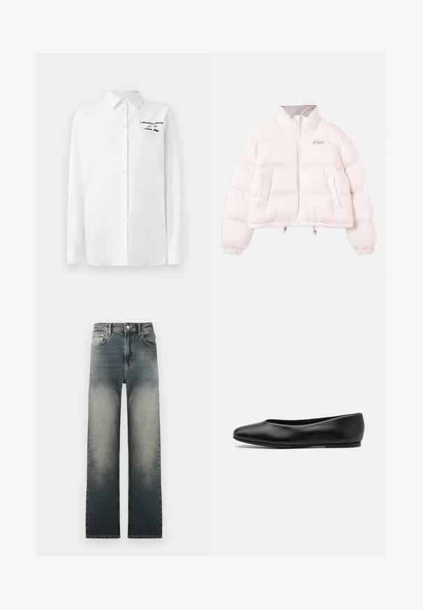 Lichtroze cropped pufferjack met hoge kraag, ritssluiting aan de voorkant, elastische boorden, zijzakken en een klein geborduurd logo op de linkerborst.; Witte lange mouw knoopshirt met kraag en zwarte geborduurde tekst "Moschino Jeans" op de bovenste linkerkant van de borst.; Hoge taille rechte spijkerbroek met vervaagde licht en donker denimwas en klassieke five-pocket ontwerp.; Paul Smith TOPANGA - Ballerina's - black