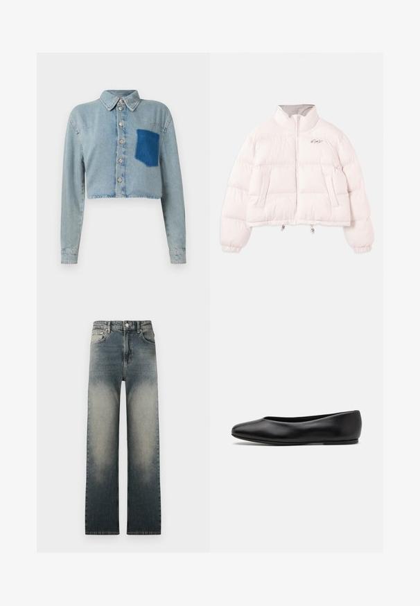 Giacca puffer cropped di colore rosa chiaro con colletto alto, zip frontale, polsi elastici, tasche laterali e piccolo logo ricamato sul lato sinistro del petto.; Giacca in denim blu chiaro cropped con maniche lunghe, bottoni argentati sul davanti e una tasca a toppa blu scuro sul lato sinistro del petto.; Jeans a vita alta con gamba dritta, in denim chiaro e scuro con effetto sbiadito e design classico a cinque tasche.; Paul Smith TOPANGA - Ballerine - black