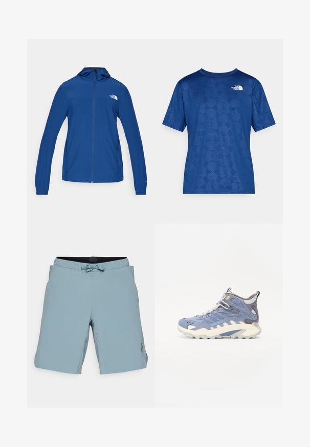 The North Face MOUNTAIN ATHLETICS niebieski; Niebieska koszula z krótkim rękawem o teksturowanym, geometrycznym wzorze oraz białym logo w górnym lewym rogu. Wykonana z lekkiego, oddychającego materiału.; Jasnoniebieskie szorty kąpielowe z elastycznym pasem, sznurkiem ściągającym i bocznymi kieszeniami. Wyróżniają się małym logo na dolnej prawej nodze.; Merrell MOAB SPEED 2 niebieski