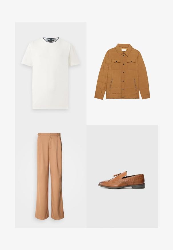Rjava prešita jakna z ostrim ovratnikom, dvema žepoma na prsih in dvema stranskima žepoma z zadrgo, s črnimi pritisnimi gumbi in gladko teksturo.; Bela kratka majica s kratkimi rokavi z teksturiranim vzorcem, s kratkim ovratnikom in mornarsko prugastim obrobe na ovratniku. Lahak material. Prijetno prileganje.; Kratke široke hlače iz gladkega bež materiala s sprednjimi nabranji in kovinskimi dodatki na pasu.; Rjave usnjene čevlje s perforiranjem, teksturiranimi stranicami, ravnim podplatom in dekorativnim vozelcem na zgornjem delu. Klasična zasnova z gladko površino.