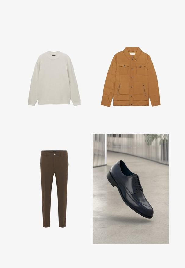 Veste matelassée marron présentant un col pointe, deux poches poitrine et deux poches latérales zippées, avec des boutons-pression noirs et une texture lisse.; Pull en tricot gris clair avec col rond, manches longues, texture côtelée et poignets ajustés. Design simple sans logos ni motifs visibles.; Pantalons taillés marron avec une coupe regular, dotés d'une fermeture à bouton, d'un devant plat et de manches retroussées. Fabriqués en tissu texturé.; Souliers habillés en cuir noir brillant avec des lacets, flottant au-dessus d'un sol lisse gris clair et de barres métalliques verticales en arrière-plan.