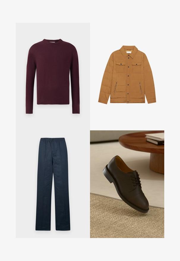 Καφέ επενδυμένο μπουφάν με μυτερό γιακά, δύο τσέπες στήθους και δύο τσέπες πλευρικά με φερμουάρ, μαύρα κουμπιά με κούμπωμα και λεία υφή.; Μπλούζα πλεκτή μπορντό με μακριά μανίκια, στρογγυλή λαιμόκοψη και ριχτό τελείωμα και μανίκια. Η υφή του υφάσματος φαίνεται λεία και ελαφριά.; Μπλε λινές παντελόνες ναυτικού χρώματος με χαλαρή εφαρμογή, ελαστική ζώνη και κλείσιμο με ένα κουμπί. Διαθέτουν ίσια πόδια και ελάχιστη υφή.; Καφέ δερμάτινο παπούτσι με υφή στην επάνω πλευρά, σχέδιο με κορδόνια, αντίθετη ραφή και ανθεκτική ελαστική σόλα, αιωρούμενο πάνω από ένα υφαντό χαλί.
