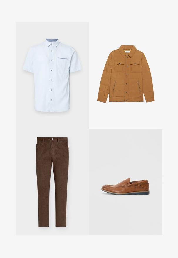 Giacca marrone trapuntata con colletto a punte, due tasche sul petto e due tasche laterali con zip, dotata di bottoni a pressione neri e una texture liscia.; Camicia azzurra a maniche corte realizzata in tessuto morbido, con chiusura a bottoni, una singola tasca sul petto e dettagli del colletto a contrasto.; Pantaloni in velluto a coste marroni con taglio dritto, dotati di chiusura a bottone, tasche frontali e texture a coste verticali su tutta la superficie.; Mocassini in pelle marrone con punta tondeggiante, dettagli cuciti e suola in gomma bassa. Il design presenta una banda sulla parte superiore.